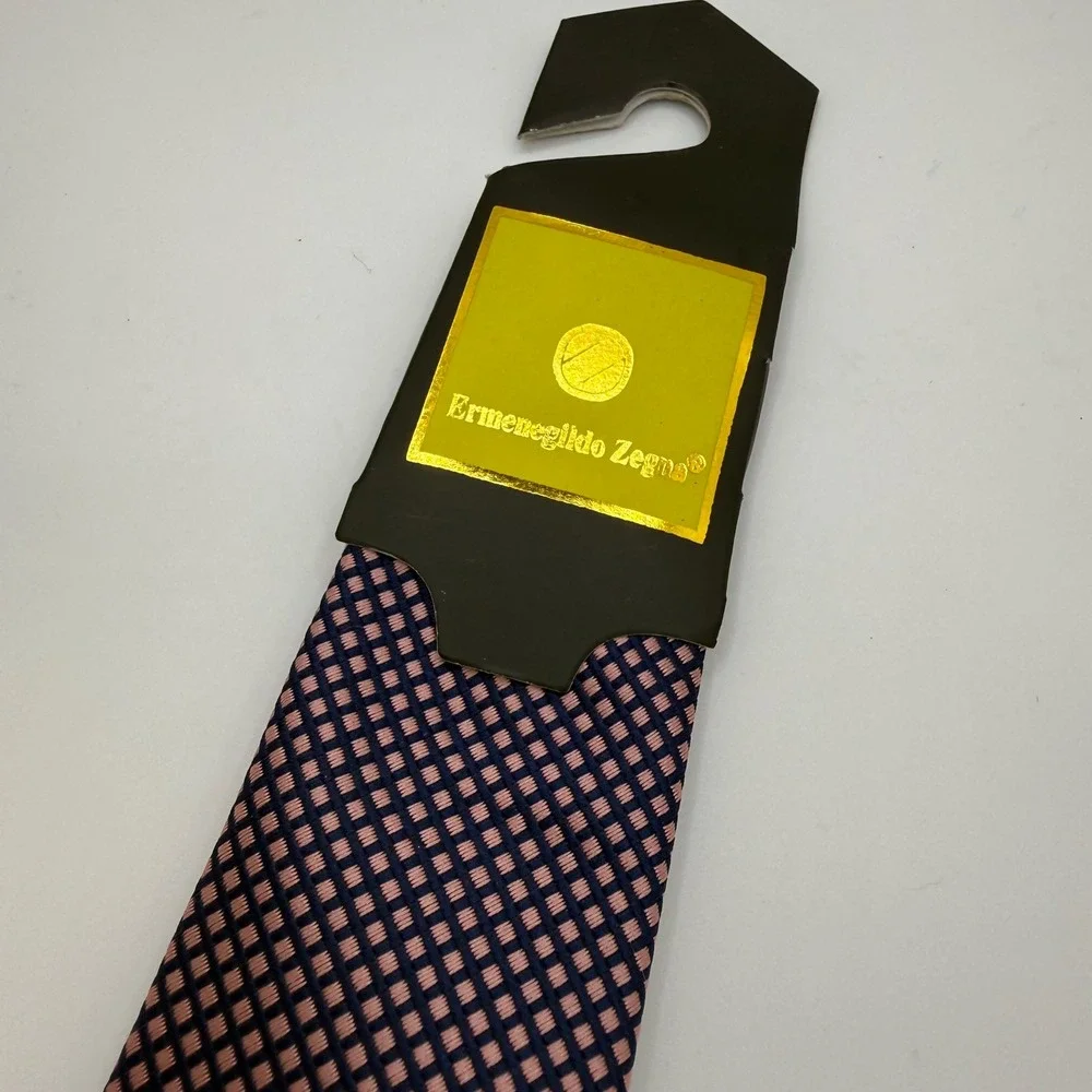 Ermenegildo Zegna Silk Tie Mens OS Navy Pink Geometric Micro Check Italy 59
